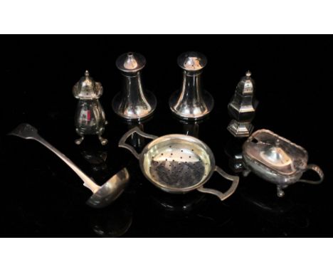 A QUANTITY OF SILVER to include matching salt and pepper condiments with marks for Birmingham 1963, a silver ladle with marks
