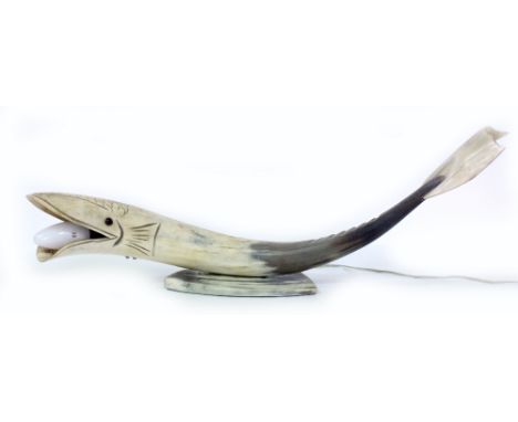 A 20TH CENTURY CARVED HORN TABLE LAMP in the form of a fish, 54cm approximately