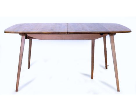 A 20TH CENTURY LIGHT ELM ERCOL DINING TABLE  model number 444, standing on splayed legs, 153cm x 70cm x 79cm approximately