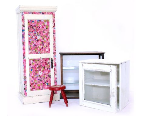 A TABLE TOP DISPLAY CABINET 51cm wide, a further small cabinet with a glazed door, a painted pine cupboard and a child's stoo