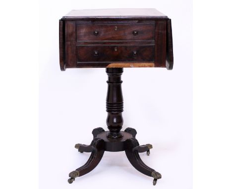 A VICTORIAN MAHOGANY NEEDLEWORK SIDE TABLE with drop flap ends standing on quadripartite base terminating in brass castors 82