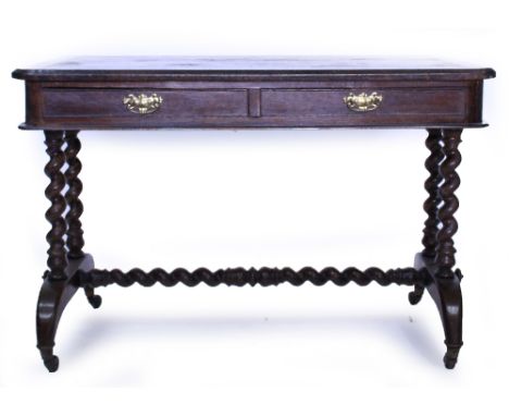A VICTORIAN MAHOGANY CENTRE TABLE with a leather inset top and barley twist supports, 106cm wide x 58cm deep x 73cm high