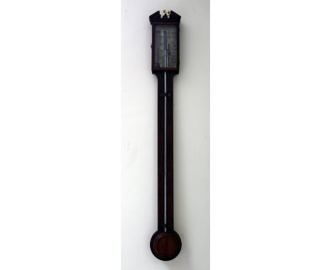 A GEORGE III MAHOGANY STICK BAROMETER the silvered rectangular register plate signed 'H Smith Reading', with manually operate