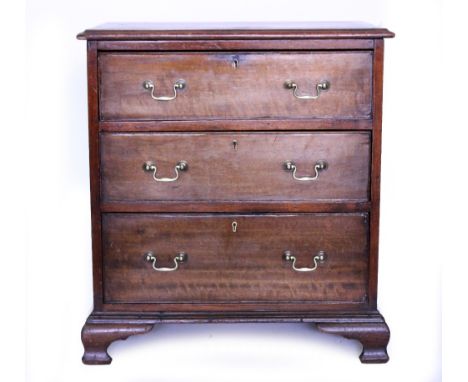 A 19TH CENTURY MAHOGANY CHEST OF THREE LONG DRAWERS with brass swan neck handles and raised on ogee bracket feet, small propo
