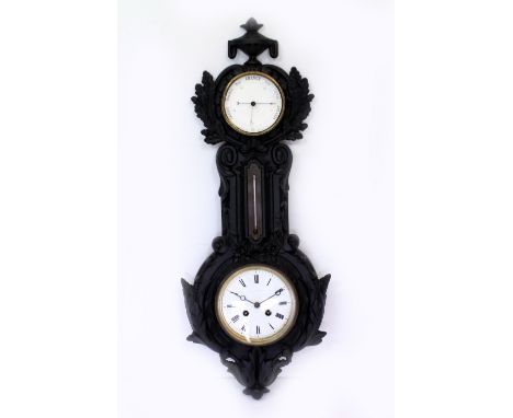 A 19TH CENTURY BLACK PAINTED CAST IRON WALL HANGING CLOCK, THERMOMETER AND BAROMETER the case with urn finial and with oaklea