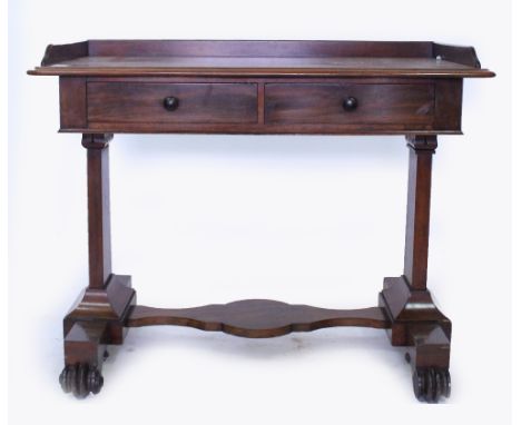A LATE 19TH CENTURY MAHOGANY GALLERIED SIDE TABLE standing on shaped base united by a wavy stretcher 101cm x 81cm x 50cm 