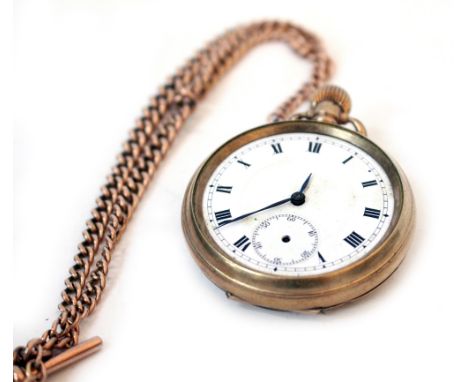 A LATE 19TH / EARLY 20TH CENTURY GOLD PLATED POCKET WATCH with white enamel dial and subsidiary dial with black roman numeral