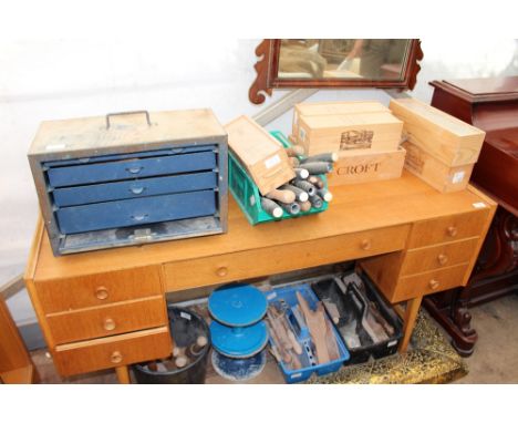 A COLLECTION OF SCULPTORS TOOLS  to include wood and stone chisels, rasps, mallets, scrapers etc and including a metal three 