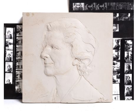 ANTHONY W SOUTHWELL (1936-2008) Portrait relief sculpture of Margaret Thatcher, earthenware, stamped with initials A.S. and d