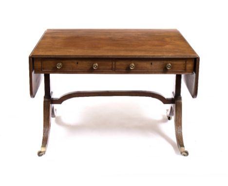 A GEORGE III MAHOGANY SOFA TABLE with drop leaves to either end, reeded edge, two frieze drawers with brass handles and on sh