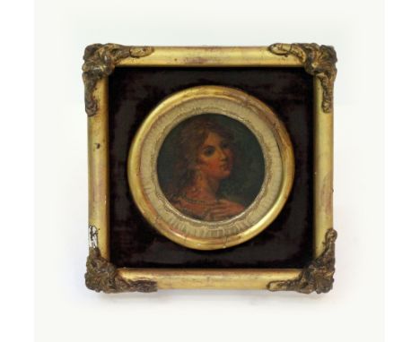 AN EARLY 20TH CENTURY MINIATURE PORTRAIT of a lady, painted on panel in gilt painted frame, unsigned 7cm across approximately