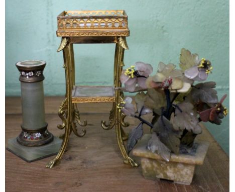 A FRENCH ONYX AND GILT METAL MINIATURE ETAGERE 17cm high, an onyx and champleve enamel column on square base, and a Chinese h