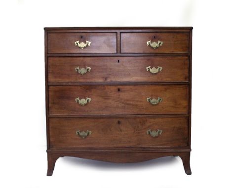 A GEORGIAN STYLE OAK TWO OVER THREE DRAWER CHEST standing on splayed bracket feet, 107cm x 109cm x 55cm approximately 