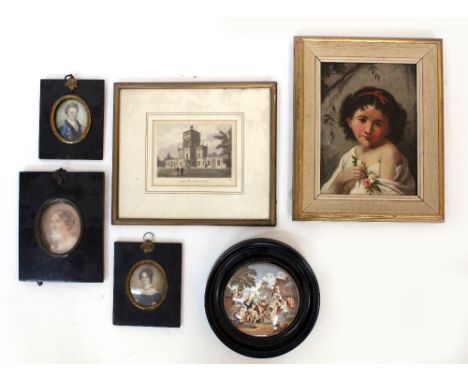 THREE LATE 19TH / EARLY 20TH CENTURY PORTRAIT MINIATURES one signed G. Oiton in black ebonised frame, an antiquarian print of