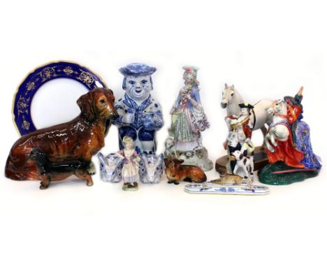 A SELECTION OF CHINA  and ceramics to include a Royal Doulton 'with a broken lance' figure, blue and white painted jug, Goebe