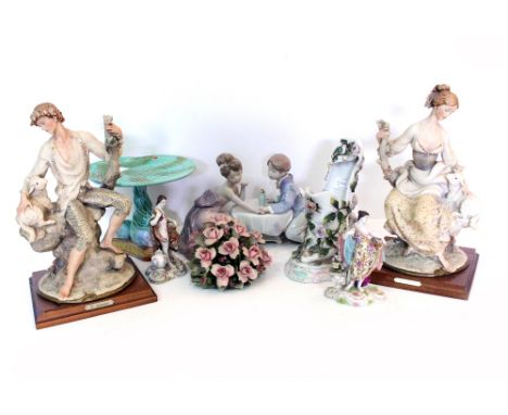 A QUANTITY OF CONTINENTAL PORCELAIN AND RESIN ORNAMENTS to include a Lladro figurine No. 6630