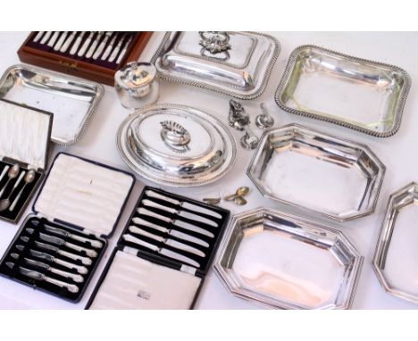 A GROUP OF VARIOUS SILVER PLATED ENTREE DISHES silver plated tea caddy (lid detached) and a small quantity of part sets of ca
