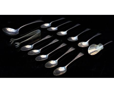 A QUANTITY OF SILVER to include a small ladle with marks for Sheffield 1931, silver ice tongs, five tea spoons with marks for