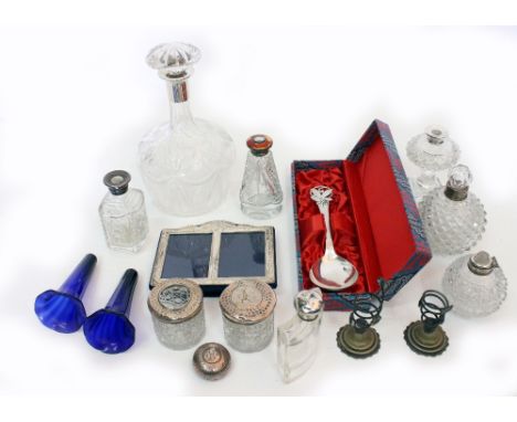 A SELECTION OF SILVER to include a silver rimmed cut glass globular decanter, cut glass scent bottle, guilloche enamel topped