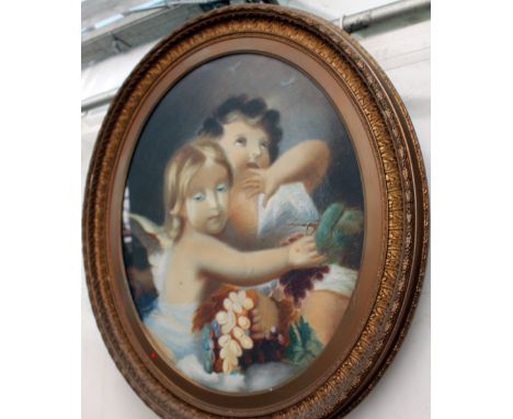 AN OVAL PORTRAIT OF TWO YOUNG CHILDREN a watercolour, initialled L.R. 65cm x 52cm, further decorative pictures and prints
