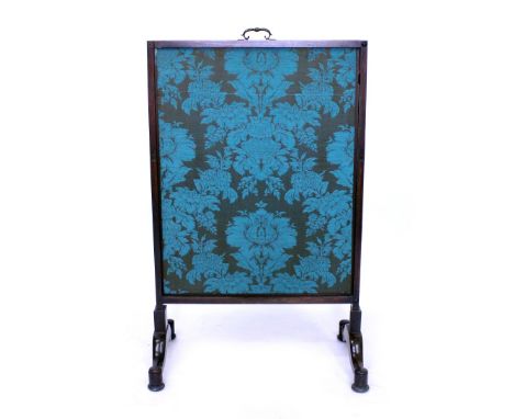 A 19TH CENTURY ROSEWOOD FIRESCREEN with blue flower decorated material panel, 71cm wide x 113.5cm high overall