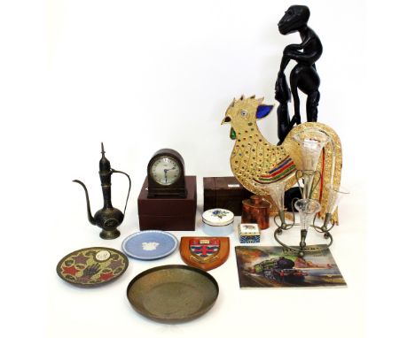 A KENDALL & DENT ELLIOTT OAK CASED MANTLE TIMEPIECE together with a walnut tea caddy, a copper tea canister by Joseph Sankey 
