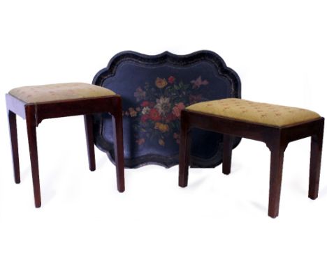 A VICTORIAN PAINTED PAPIER MACHE TRAY of shaped outline together with two Georgian style mahogany stools with inset seats, th
