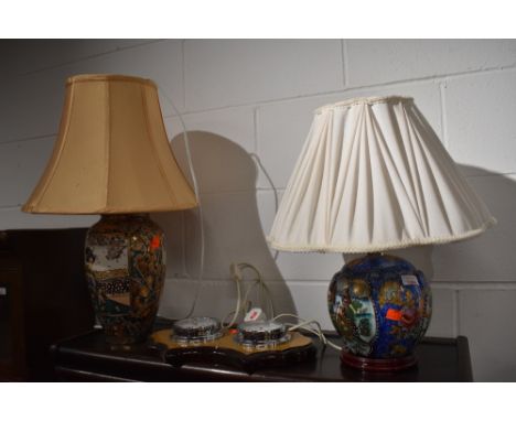 Two Japanesque style reproduction table lamps and a modern barometer