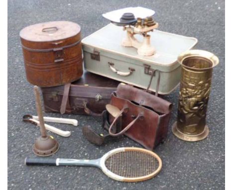 Two suitcases, set of scales, tin hat box, tennis raquet, stick stand etc. Condition report: see terms and conditions.