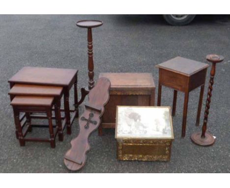 Nest of tables, jardinier stand, two oak boxes, emobssed brass stick box and ash tray stand etc. Condition report: see terms 