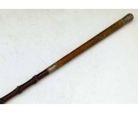 Victorian carriage whip with silver mounts, Birmingham 1896, the knobbled wood shaft with a leather grip and braided tail, sh