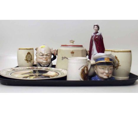 Collection of commemorative ware including Royal Worcester Queen Elizabeth II Nelson plate, four mugs, a cup, biscuit barrel 