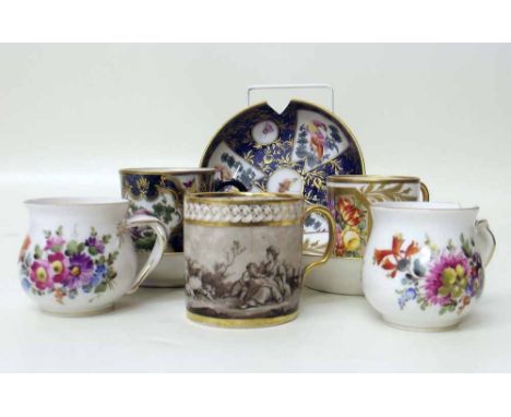 Two Samson cups and saucers decorated in a Derby and Worcester mannor, also another similar saucer, a Paris porcelain coffee 
