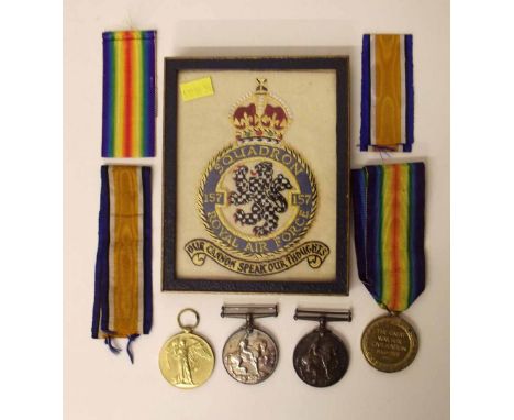 Four WW1 medals and an RAF embroidered patch. Condition report: see terms and conditions.