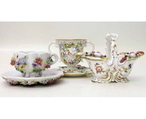 Derby encrusted cup and saucer, Chamberlains Worcester basket, and a Sitzendorf cup and saucer. Condition report: see terms a
