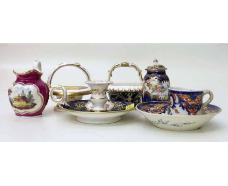 Collection of English porcelain minitures to include two baskets, a candlestick, lidded Crown Staffordshire vase, a jug,  and