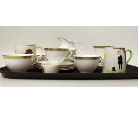 Royal Doulton Clarendon part service, also a Goss bowl, Carlton hanging man mug, Winston Churchill mug, Poole bowl. Condition