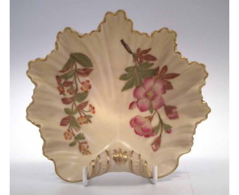 Royal Worcester shell dish  decorated with flora on an ivory ground, puce printed marks to base, late 19th century, 14.5cm wi