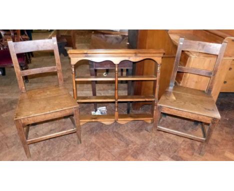 Pair of oak country chairs and a wall shelf. Condition report: see terms and conditions.