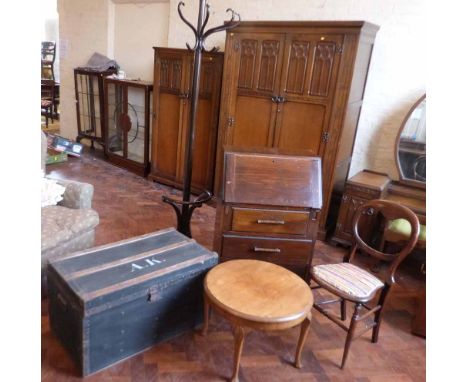 Small deco bureau, bentwood hall stand, bedroom chair, travelling trunk and walnut coffee table. Condition report: see terms 