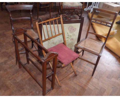 Victorian campaign chair, two bedroom chairs, four bar towel rail and a firescreen. Condition report: see terms and condition