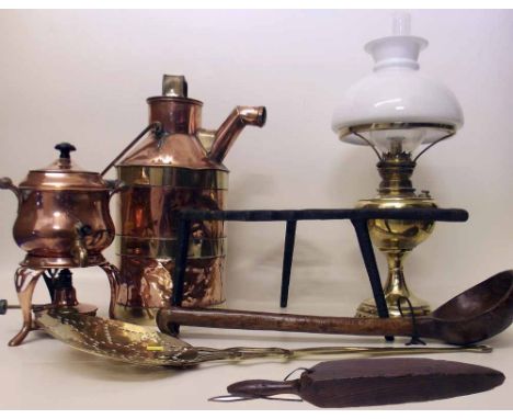 Brass/copper milk churn, oil lamp spirit kettle, skimmer, cast iron trivet and wooden ladle and wedge. Condition report: see 