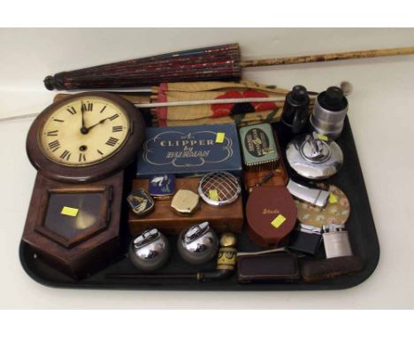 Collection of items including miniature wall clock, set of scales, magnifying glass, parasols, lighters etc. Condition report
