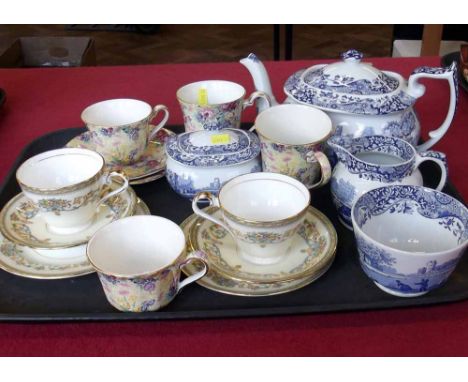 Six pieces of Aynsley "Henley" tea ware, two Royal Winton "Welbeck" mugs, cups and saucers and a Spode Italian four piece tea