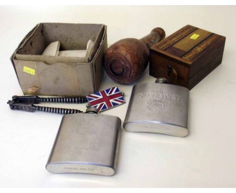 Enamel Union Jack badge (CVD), pair of metalware nut crackers, Ted Baker hip flask and one other, domino board/box, quantity 