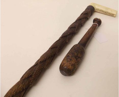 Ivory handled hardwood walking stick carved with leaves circa. 1900; also a fruitwood cosh or priest (2). Condition report: s