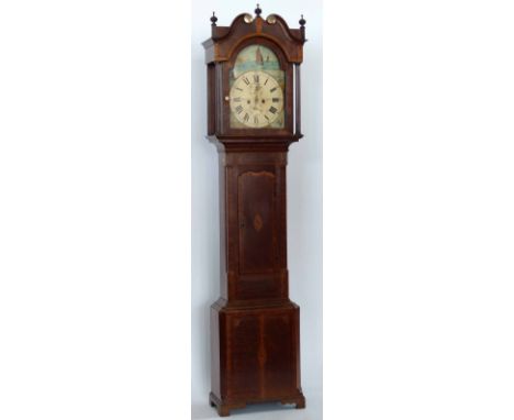 Oak longcased clock banded in mahogany, the break arch dial painted with wherries, Roman chapters, subsidiary seconds and dat