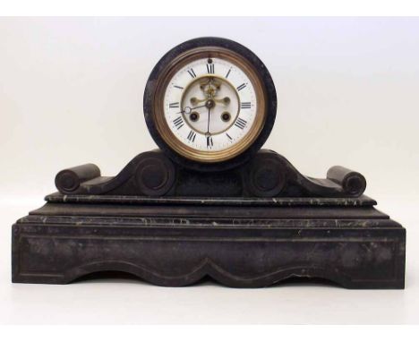French black marble drum head mantel clock circa 1870 with pendulum (no bell). Condition report: see terms and conditions.
