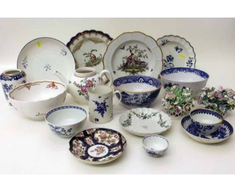 Collection of 18th century porcelain  to include three plates, teacaddy, bowl, mug, teabowl and saucer, and two other saucers