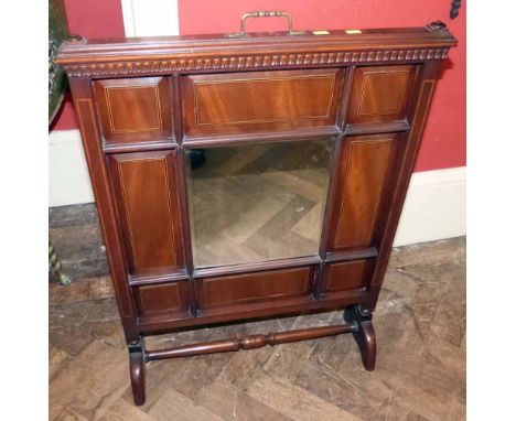 Edwardian mahogany and inlaid firescreen with mirrored panel. Condition report: see terms and conditions.